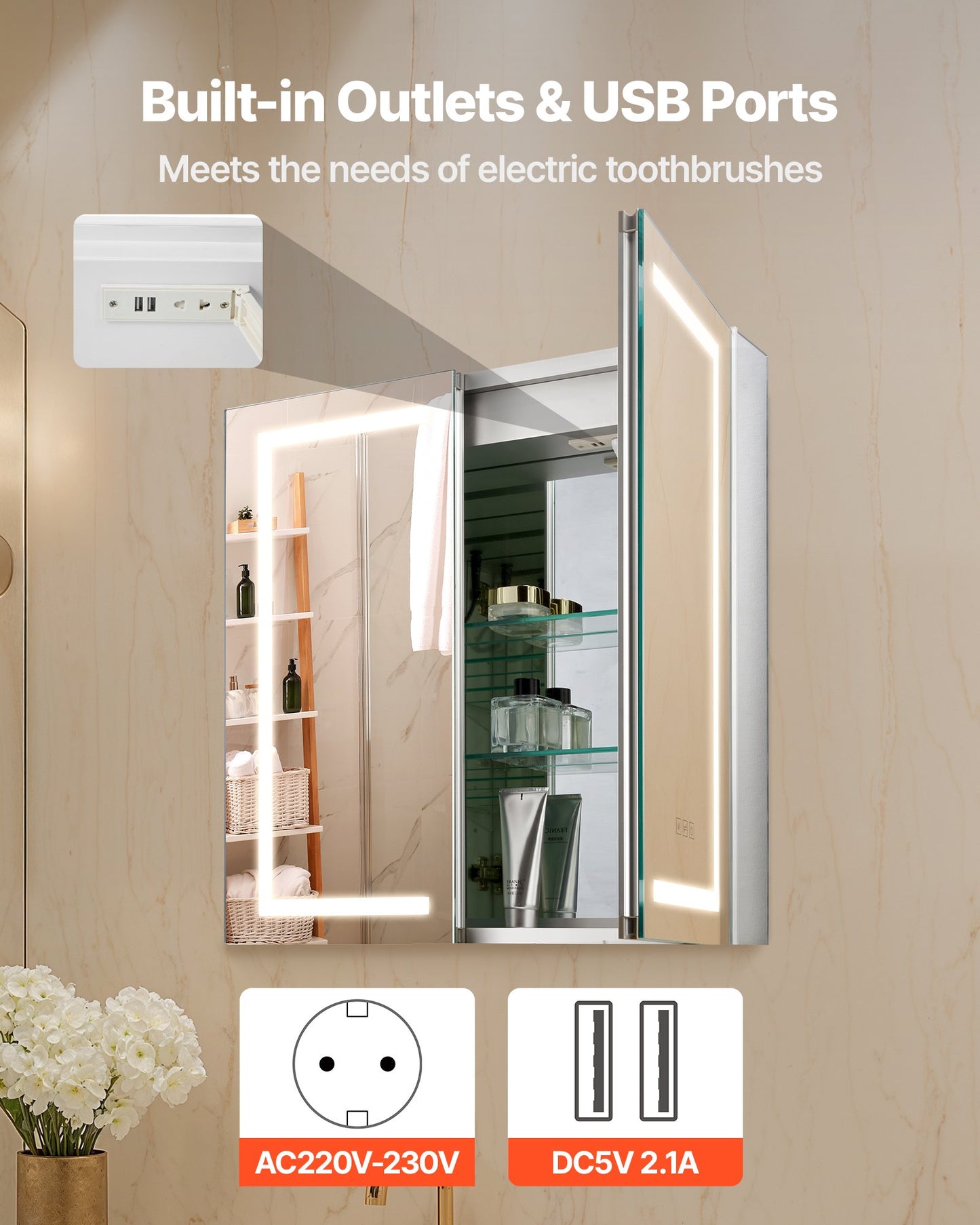 Lighted Medicine Cabinet with Mirror, 65 x 65 cm Recessed or Wall Mount, 3 Color Dimmable LED Bathroom Medicine Cabinet with HD Mirror, Adjustable Shelve Storage, Memory Defog Function