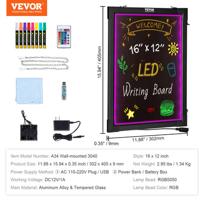 LED-skrivtavla 40,6x30,5 cm upplyst raderbar griffeltavla