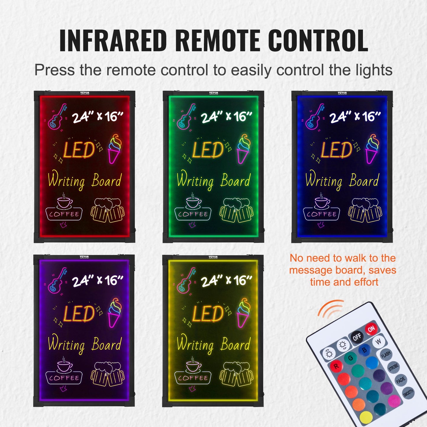 LED-skrivtavla, 24 x 16 tums upplyst raderbar svart tavla, menyskylt med neoneffekt, ritbord med 8 fluorescerande kritpennor och fjärrkontroll, testad enligt UL-standarder