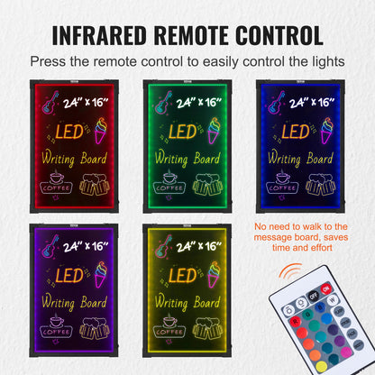 LED-skrivtavla, 24 x 16 tums upplyst raderbar svart tavla, menyskylt med neoneffekt, ritbord med 8 fluorescerande kritpennor och fjärrkontroll, testad enligt UL-standarder