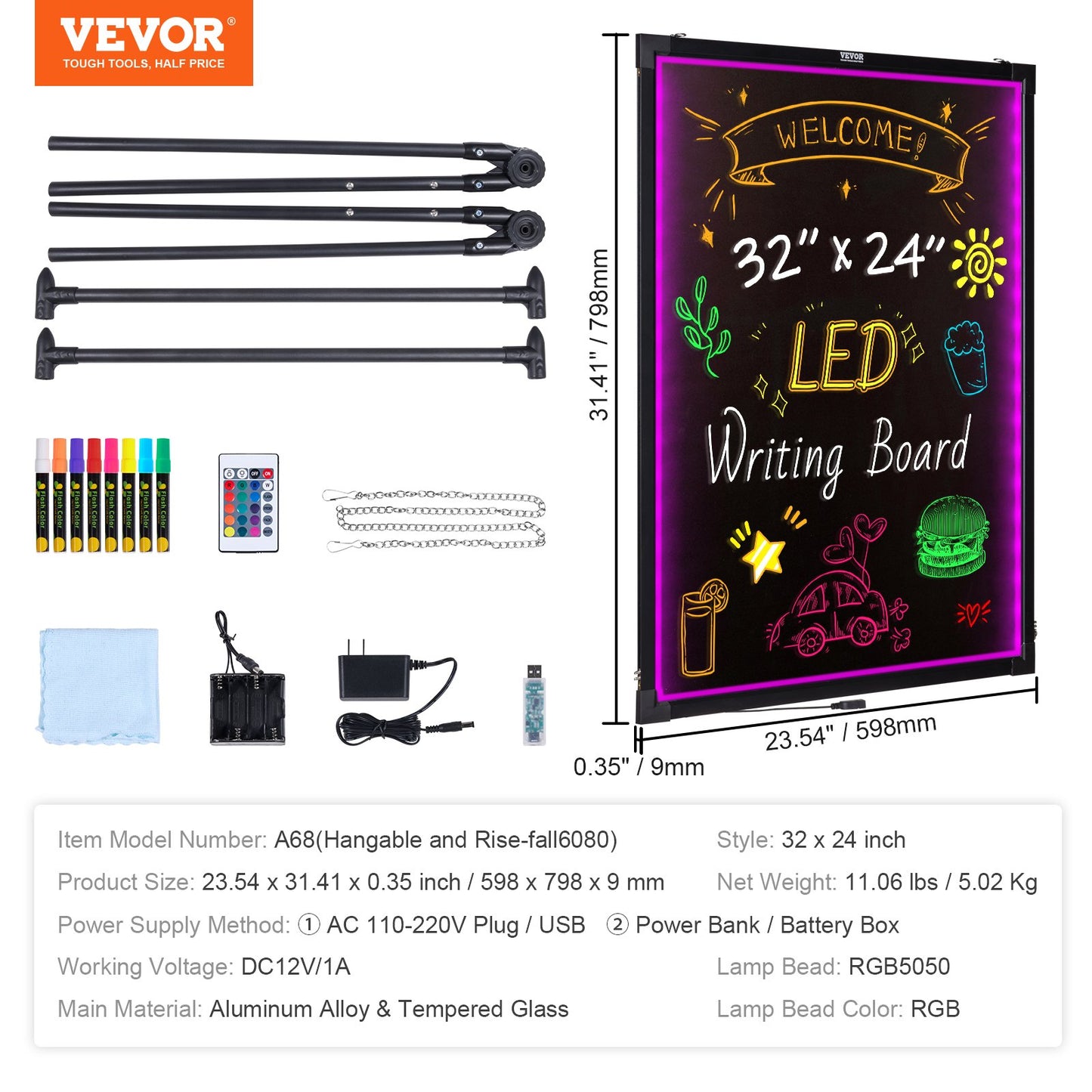 LED-skrivtavla 81,3x61 cm upplyst raderbar griffeltavla