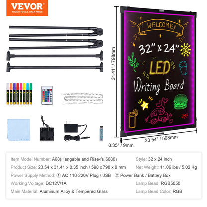 LED-skrivtavla 81,3x61 cm upplyst raderbar griffeltavla