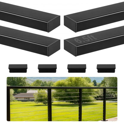 4-pack 198 cm ledstång i rostfritt stål, rektangulär ledstång för trappsteg utomhus/inomhus med ändkåpa, mattsvart beläggning, justerbar metallräcke för kabelräcke