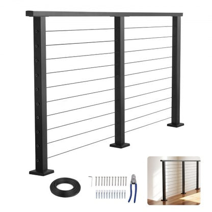 198 cm komplett kabelräckeskit med stolpe, 89 cm högt mattsvart ledstångsräcke i rostfritt stål, kapbart för utomhus-/inomhustrappor, borrat räckessystem med nivåhål för trappor, altan, balkong