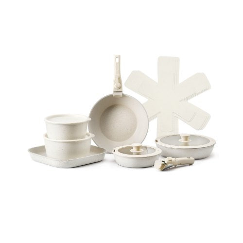 17-delat set med kastruller och stekpannor, non-stick, kokkärl med avtagbart handtag, platsbesparande induktionskokkärlsset, kokkärl för husbil och husvagn, med stekning, sås och sauté, lock i härdat glas, ugnssäker, vit