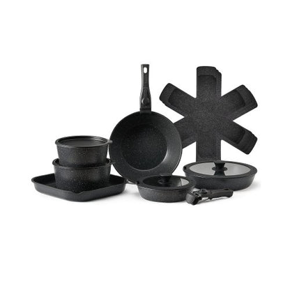 17-delat kastrull- och stekpannset, granit non-stick kokkärl med avtagbart handtag, platsbesparande induktionskokar, köksset för husbil med stekning, sås och sauté, lock med härdat glas, ugnssäker, svart