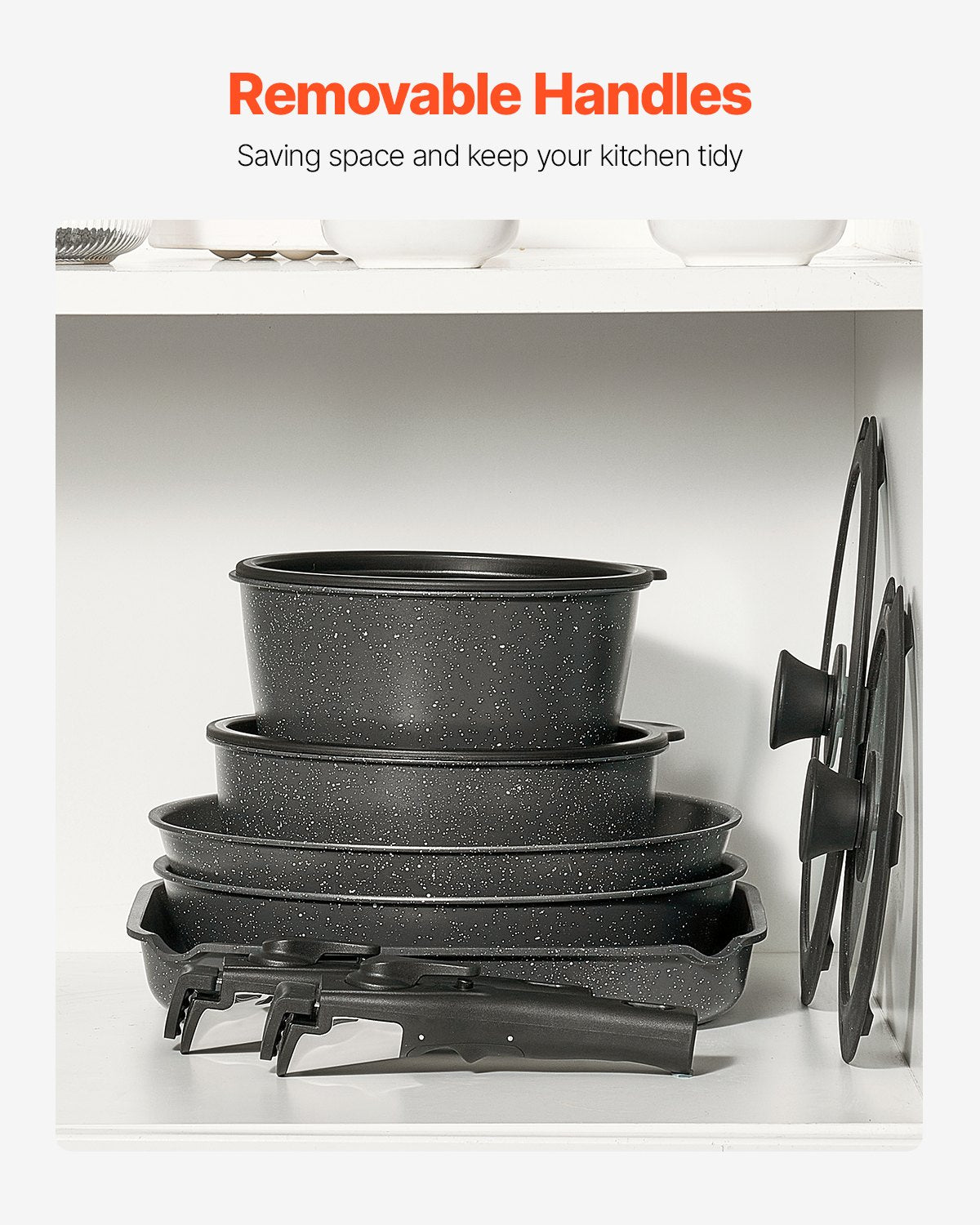 17-delat kastrull- och stekpannset, granit non-stick kokkärl med avtagbart handtag, platsbesparande induktionskokar, köksset för husbil med stekning, sås och sauté, lock med härdat glas, ugnssäker, svart