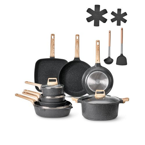 19-delars kastrull- och stekpannset, granit nonstick-kokkärlsset, induktionskokar, köksredskap för husbilar med stekning, sås och sauté, lock i härdat glas och stekpannskydd, svart