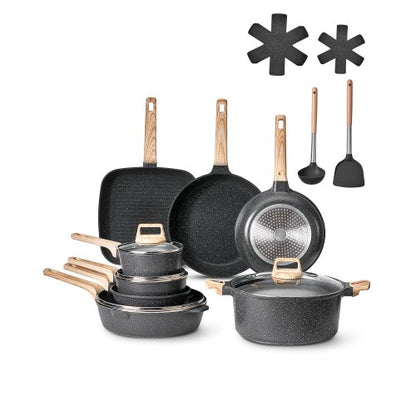 19-delars kastrull- och stekpannset, granit nonstick-kokkärlsset, induktionskokar, köksredskap för husbilar med stekning, sås och sauté, lock i härdat glas och stekpannskydd, svart