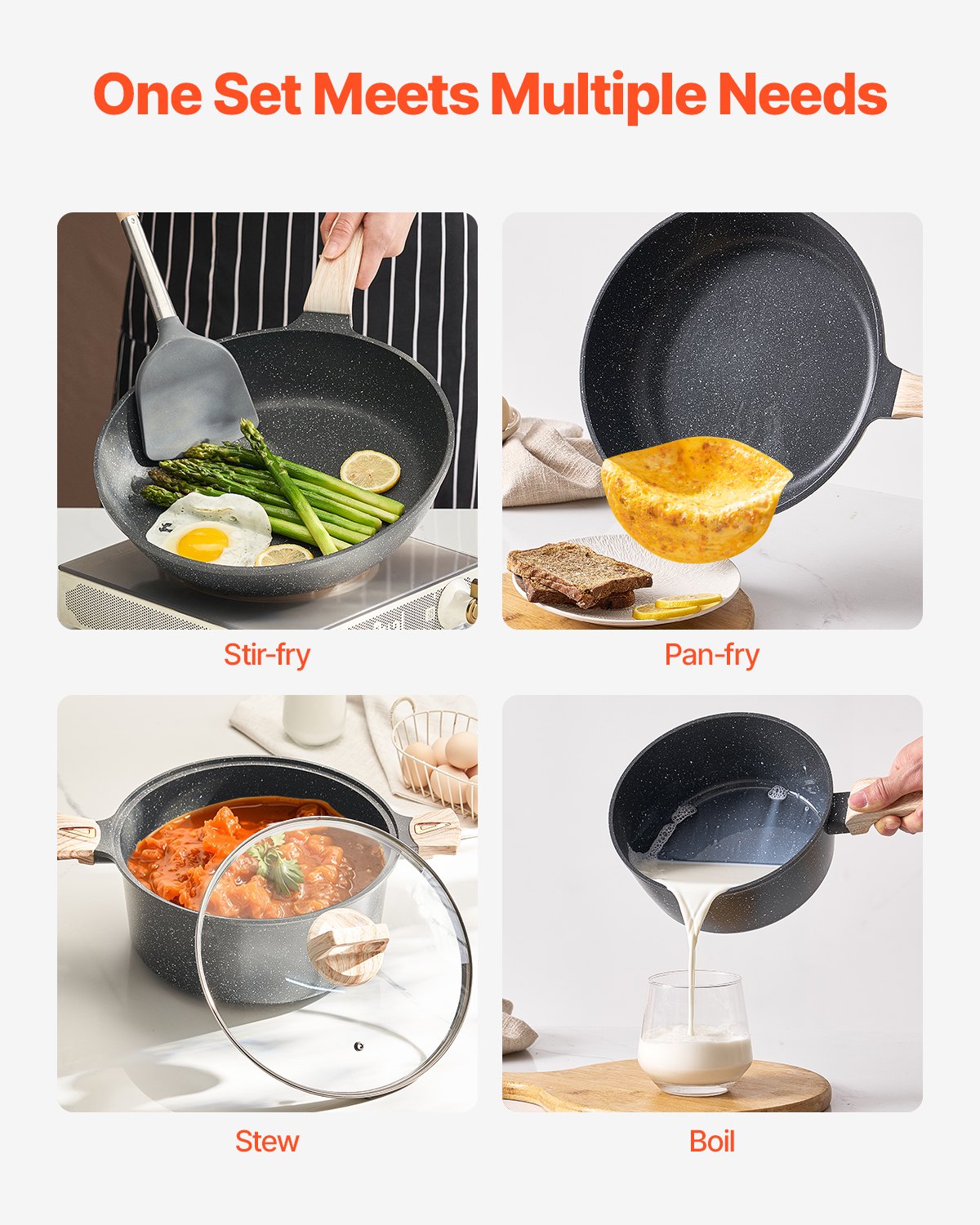19-delars kastrull- och stekpannset, granit nonstick-kokkärlsset, induktionskokar, köksredskap för husbilar med stekning, sås och sauté, lock i härdat glas och stekpannskydd, svart