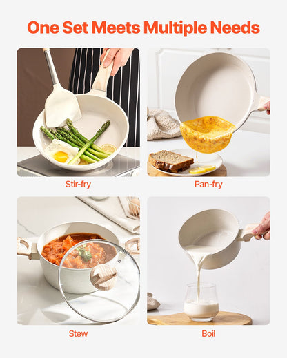 17-delat kastrull- och stekpannset, kokkärlsset i granit med nonstick-beläggning, induktionskokkärl, kokkärl för husbilar med stekning, sås och sauté, lock i härdat glas och stekpannskydd, vit