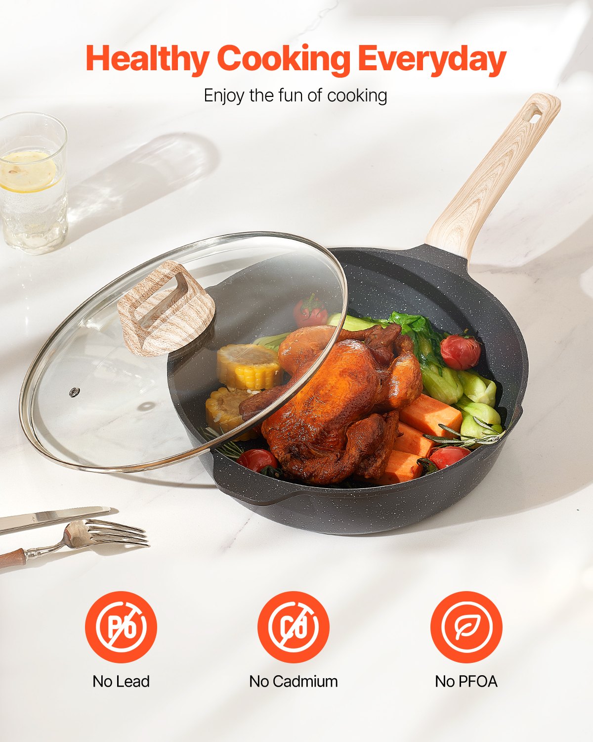 17-delat kastrull- och stekpannset med nonstickbeläggning, kokkärlsset i granit, induktionskokkärl, kokkärl för husbilar med stekning, sås och sauté, lock i härdat glas och stekpannskydd, svart