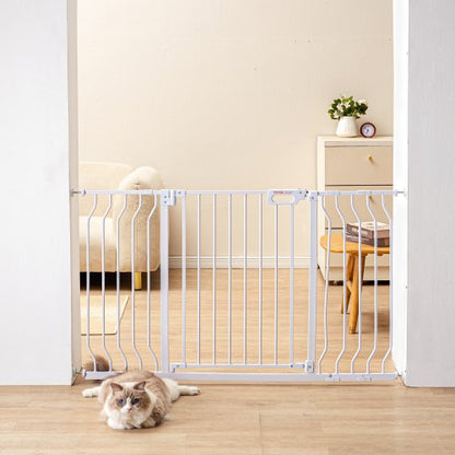 Barngrind, 74-138 cm extra bred, 76 cm hög, hundgrind för trappor, dörröppningar och hus, enkel gång genom steg, automatisk stängning, barngrind, säkerhetsgrind för husdjur med tryckmonteringssats och väggmonteringssats, vit