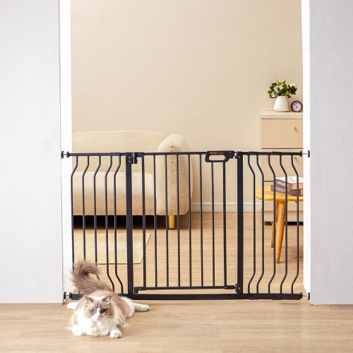 Barngrind, 79-138 cm extra bred, 76 cm hög, hundgrind för trappor, dörröppningar och hus, enkel gång genom steg, automatisk stängning, barngrind, säkerhetsgrind för husdjur med tryckmonteringssats och väggmonteringssats, svart