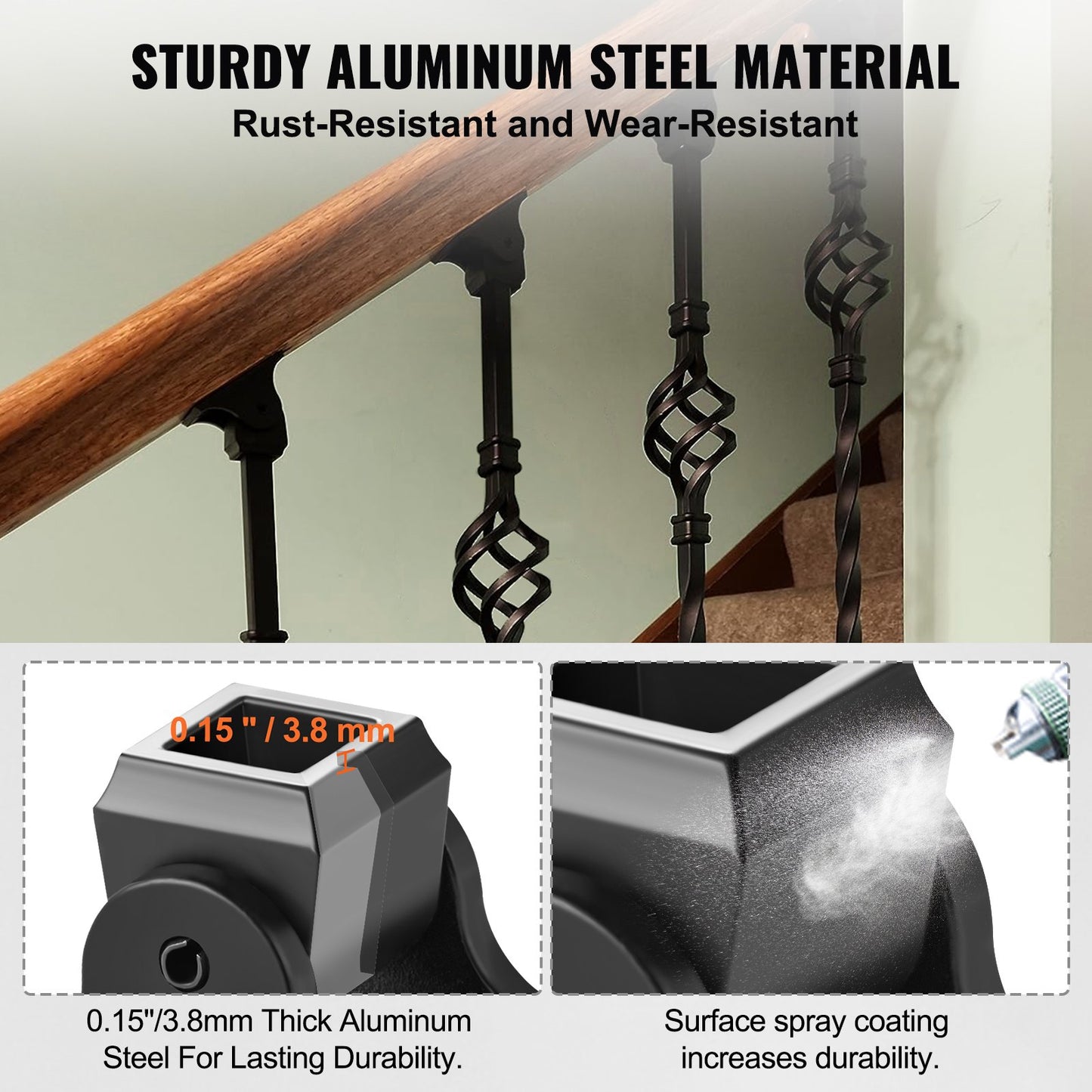 Balusterskor i aluminiumlegering, fyrkantiga balustrar, smidesspindlar för trapphus, sneda balustrar med skruvhål för 1/2-tums trappbalustrar, svarta (50 st) (skruvar säljs separat)