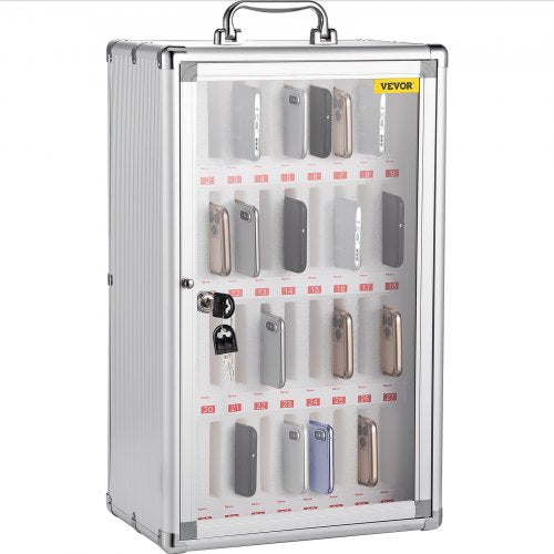 Förvaringsskåp för mobiltelefoner, 36 fack, ficklåda för förvaring av diagram i aluminiumlegering med bärbart handtag, nyckellås och handskrivna etiketter, väggmonterad för klassrum, kontor, gym