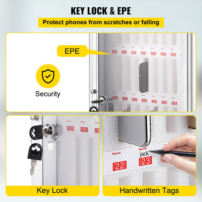 Förvaringsskåp för mobiltelefoner, 36 fack, ficklåda för förvaring av diagram i aluminiumlegering med bärbart handtag, nyckellås och handskrivna etiketter, väggmonterad för klassrum, kontor, gym