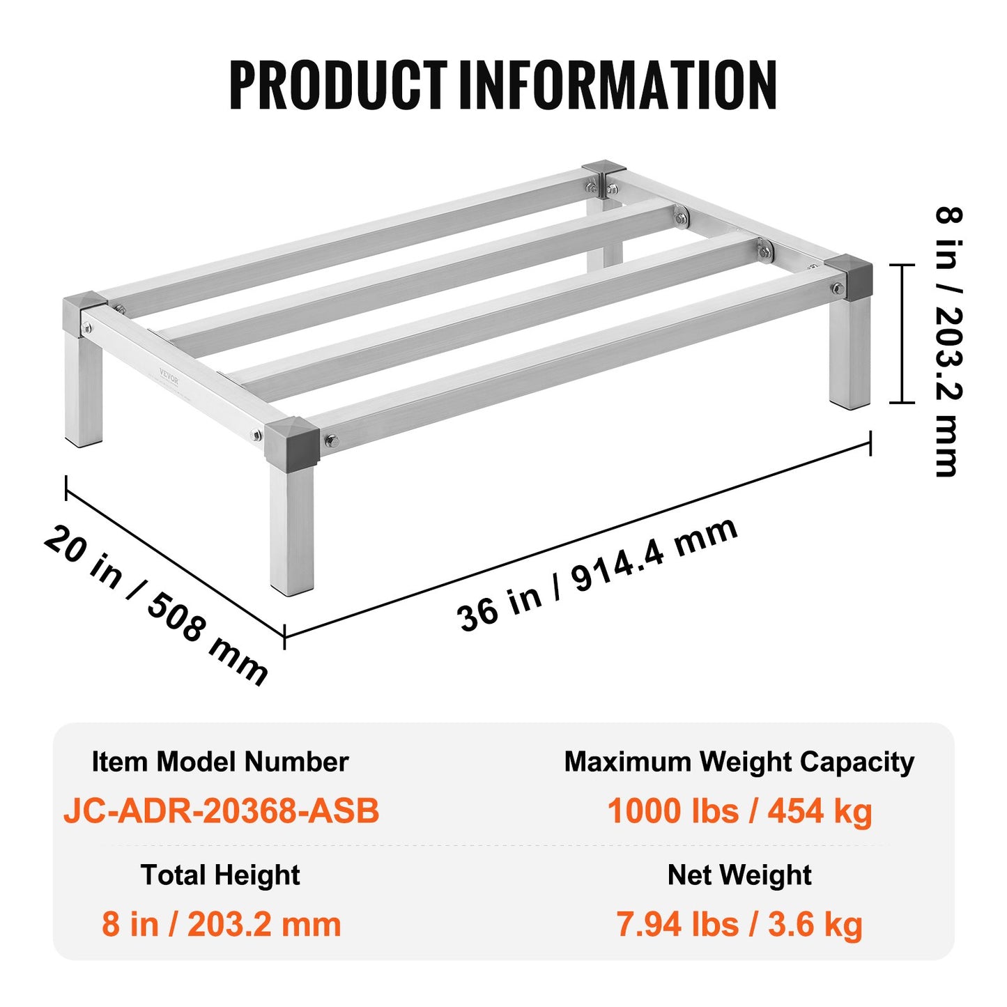 Aluminiumställ för lastutrymme, 91 x 51 cm kommersiellt golvställ för livsmedel, 20 cm från golvet, helsvetsat förvaringsställ i aluminium med en kapacitet på 450 kg, för förvaring i restauranger, kök, garage och fordon