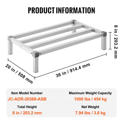 Aluminiumställ för lastutrymme, 91 x 51 cm kommersiellt golvställ för livsmedel, 20 cm från golvet, helsvetsat förvaringsställ i aluminium med en kapacitet på 450 kg, för förvaring i restauranger, kök, garage och fordon