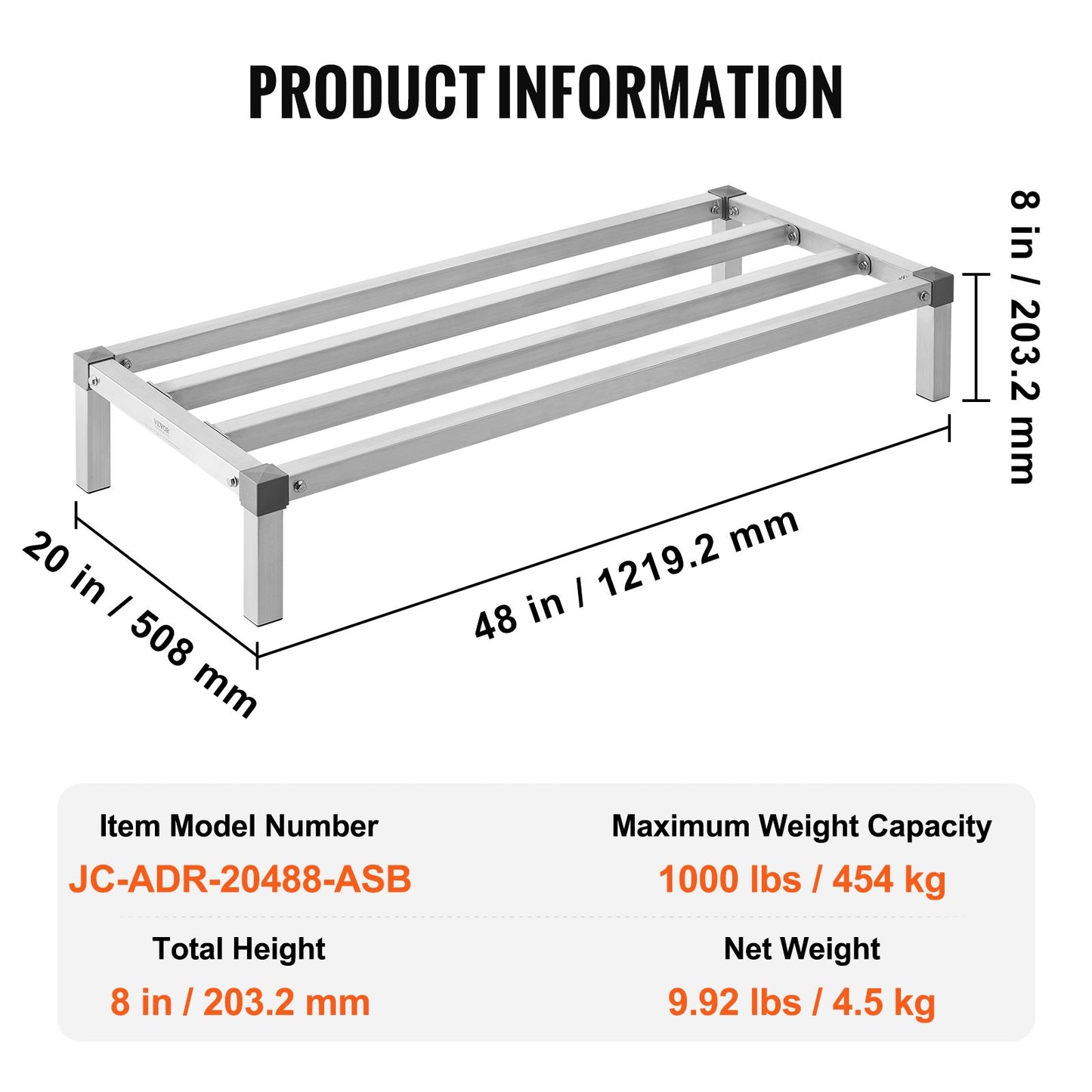 Aluminiumställ för lastutrymme, 112 x 51 cm kommersiellt golvställ för livsmedel, 20 cm från golvet, helsvetsat förvaringsställ i aluminium med en kapacitet på 450 kg, för förvaring i restauranger, kök, garage och fordon
