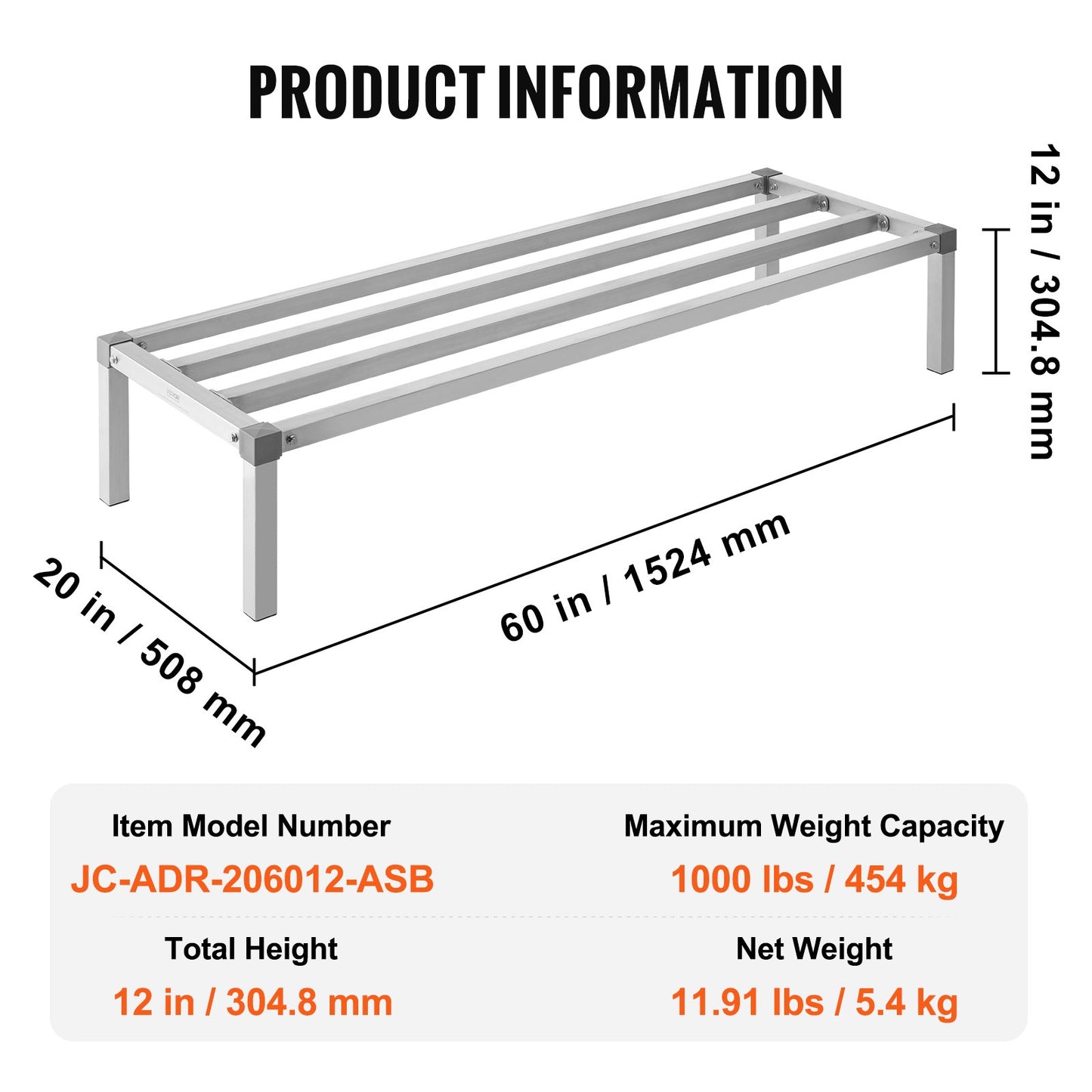 Aluminiumställ för förvaring, 60” x 20” kommersiellt golvställ för livsmedel, 12” från golvet, helsvetsat förvaringsställ i aluminium med en kapacitet på 1000 lbs, för förvaring i restauranger, kök, garage och fordon