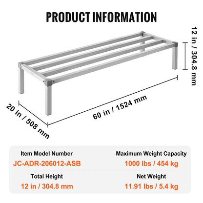 Aluminiumställ för förvaring, 60” x 20” kommersiellt golvställ för livsmedel, 12” från golvet, helsvetsat förvaringsställ i aluminium med en kapacitet på 1000 lbs, för förvaring i restauranger, kök, garage och fordon