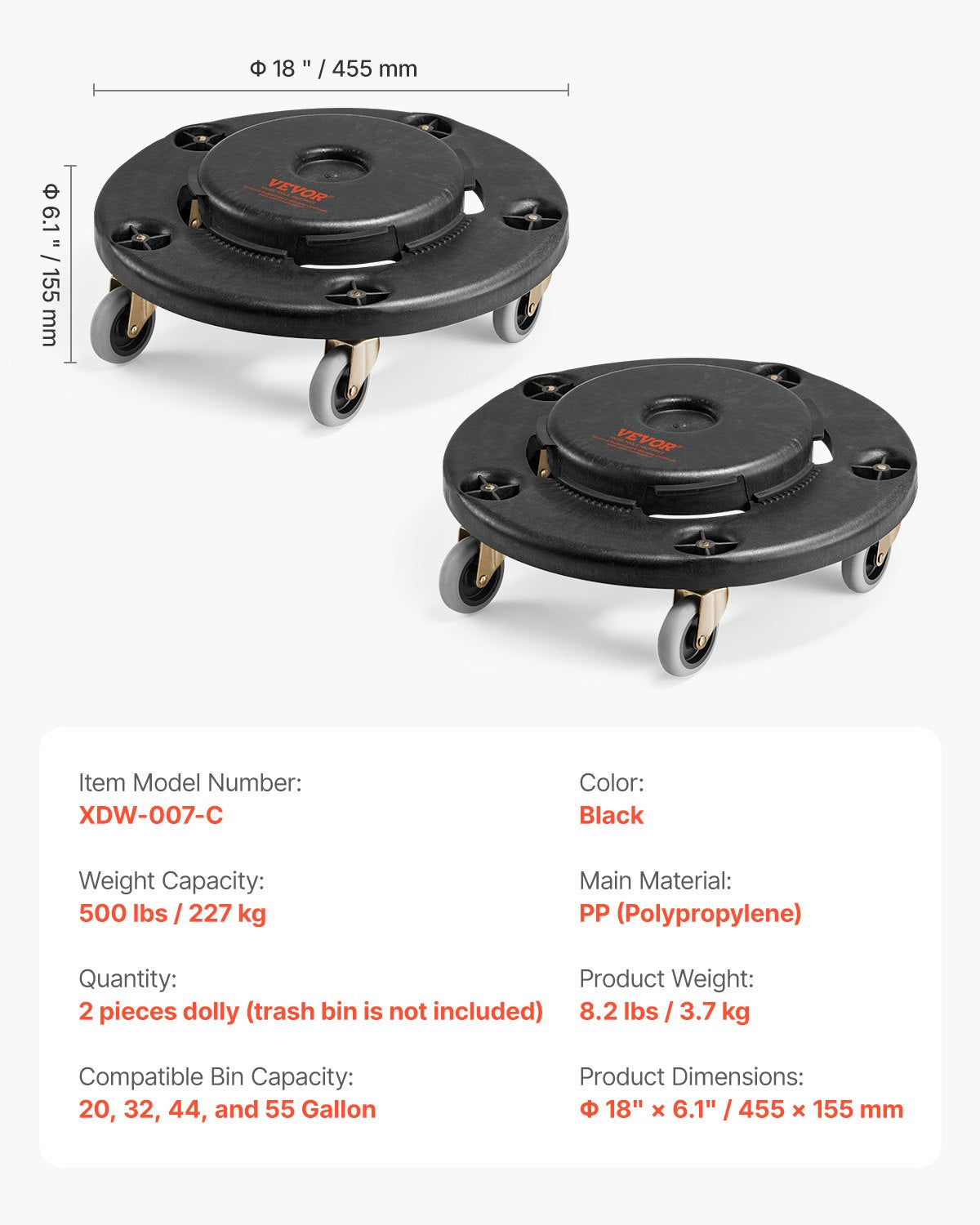 Papperskorgvagn, passar 20, 32, 44, 55 gallon behållare, 2-pack rund papperskorg med rullbas och 4 låsbara hjul, 500lbs kraftig tunnvagn, multifunktionell rullvagn