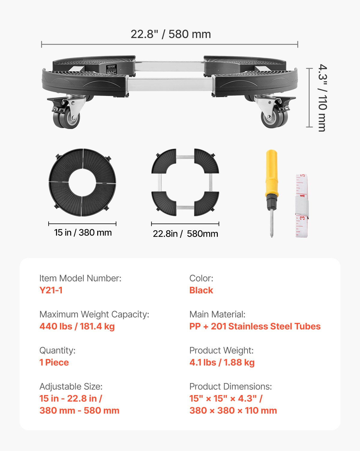 Papperskorg med 4 låsbara hjul, 180 kg viktkapacitet, rund papperskorg med rullbas, 35-51 cm justerbar, kraftig trumvagn med växter, multifunktionell rullvagn, svart