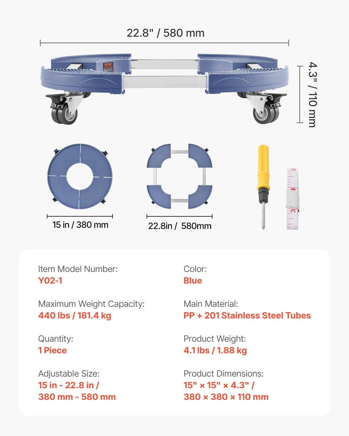 Papperskorg med 4 låsbara hjul, 180 kg viktkapacitet, rund papperskorg med rullbas, 35-51 cm justerbar, kraftig trumvagn för växter, multifunktionell rullvagn, blå