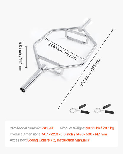 Trap Bar Hex Bar, 50 mm sexkantsstång, 360 kg kapacitet Shrug Bars med räfflade grepp, tyngdlyftnings- och styrketräningsutrustning, hemmagym för knäböj, marklyft, axelpress, silver