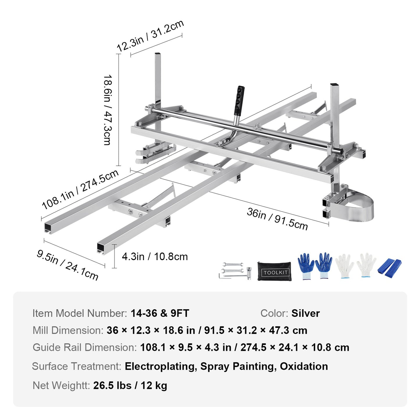 Motorsågsverk och skenstyrningssystem, bärbart sågverk 36 cm-91 cm svärd, 2,74 m aluminiumskenastyrning med motorsågsverk för träarbetare och snickare