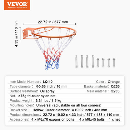 Basketkorg, väggdörrmonterad basketkorg, kraftig Q235 basketmål med flexkant och nät, standard 18" hängande basketkorg för inomhus och utomhusbruk för barn och vuxna