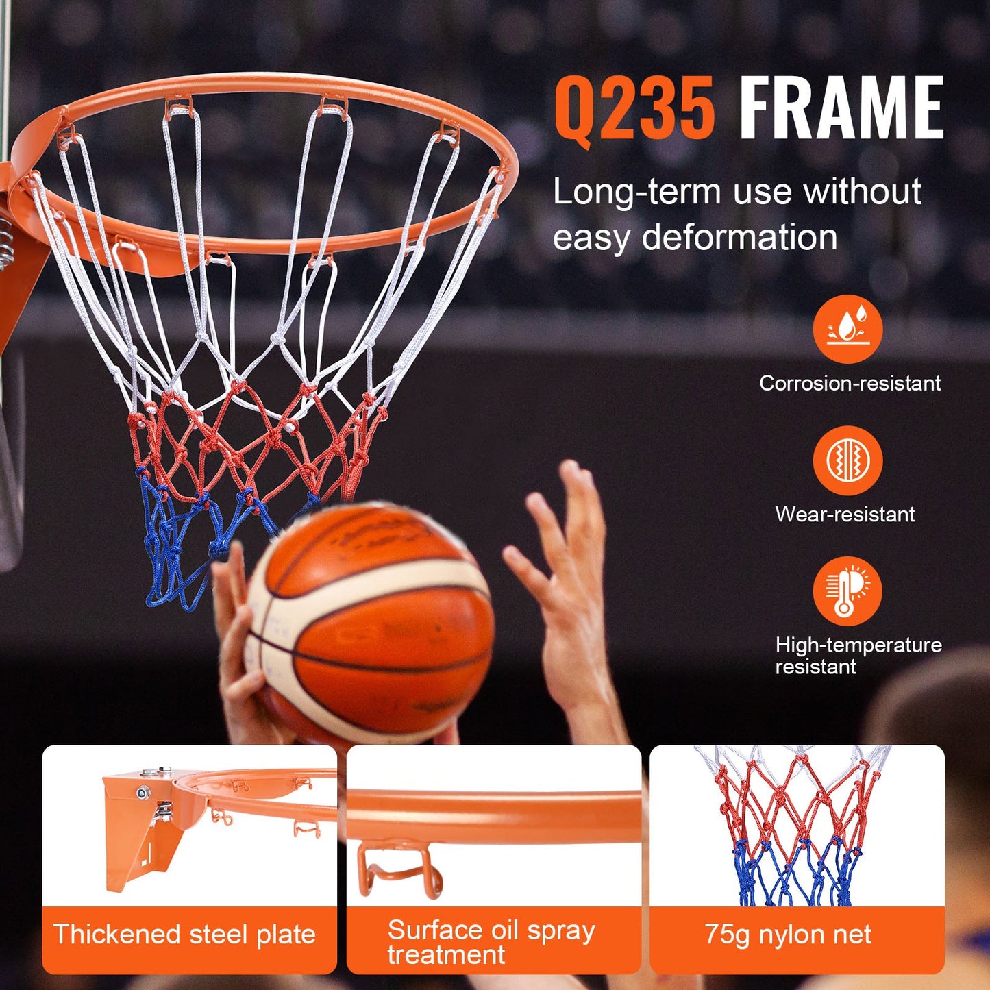 Basketkorg, väggdörrmonterad basketkorg, kraftig Q235 basketmål med flexkant och nät, standard 18" hängande basketkorg för inomhus och utomhusbruk för barn och vuxna