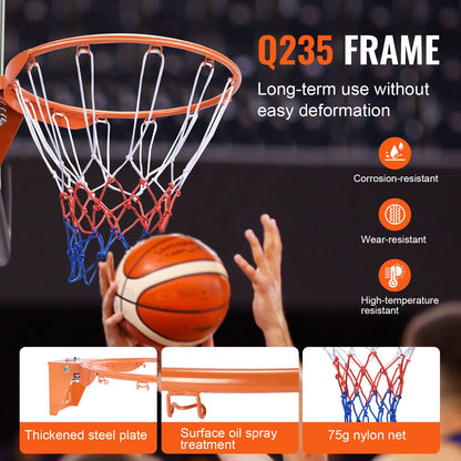 Basketkorg, väggdörrmonterad basketkorg, kraftig Q235 basketmål med flexkant och nät, standard 18" hängande basketkorg för inomhus och utomhusbruk för barn och vuxna