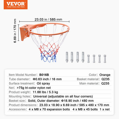 Basketkorg, väggdörrmonterad basketkorg, kraftig Q235 basketmål med flexkant och nät, standard 18" hängande basketkorg för inomhus och utomhusbruk för barn och vuxna