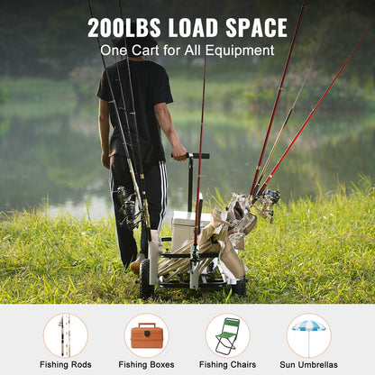 Strandfiskevagn, 200 lbs lastkapacitet, fisk- och marinvagn med två 11" stora hjul, gummiballongdäck för sand, kraftig stålpirvagn med 7 spöhållare för fiske, picknick