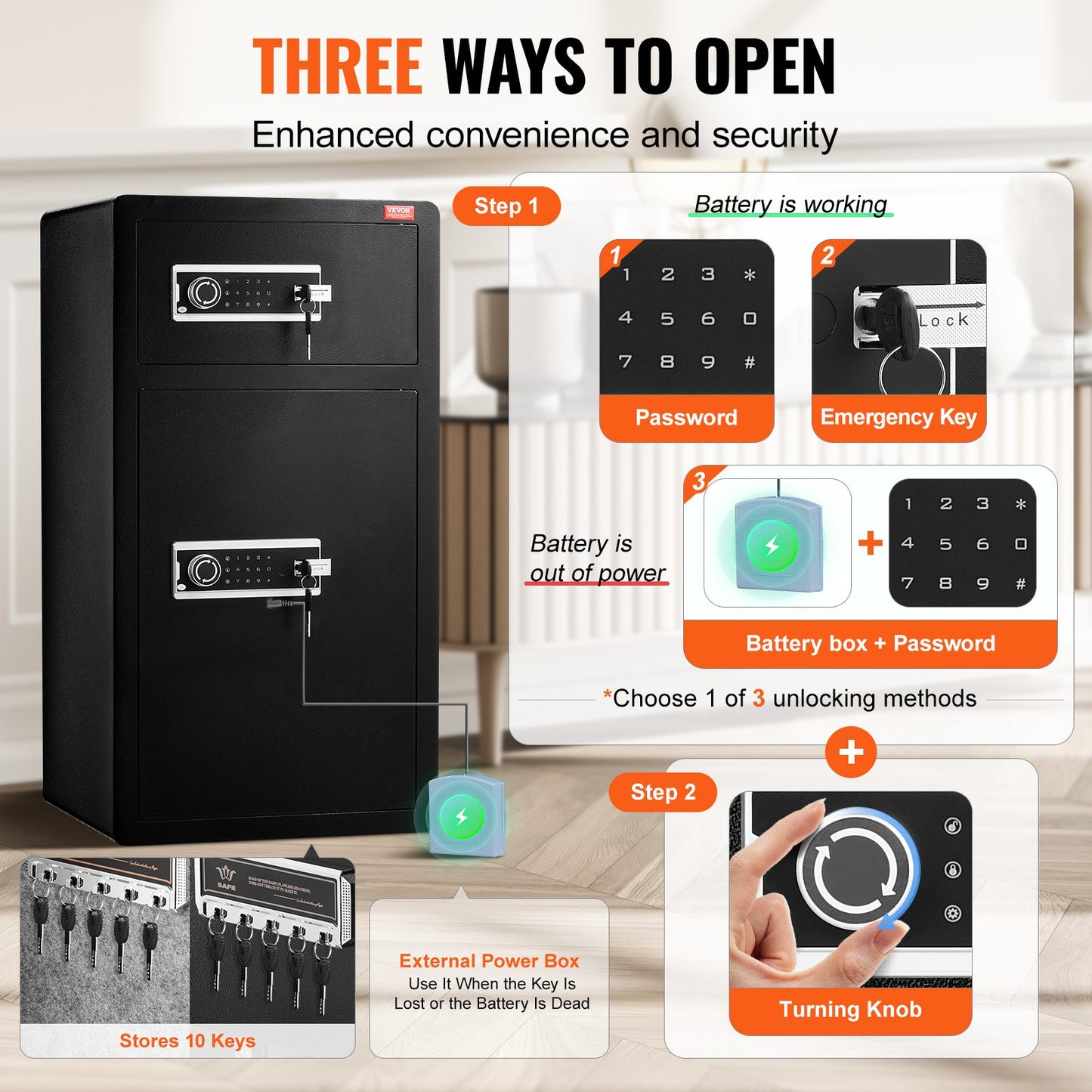 Dubbeldörrars 204 L kassaskåp med nyckellås och lösenord, kassaskåp med brandsäker väska, nyckelhylla, LED-lampa och 2 höjdjusterbara och avtagbara avdelare för pengar, dokument, smycken och värdesaker, svart