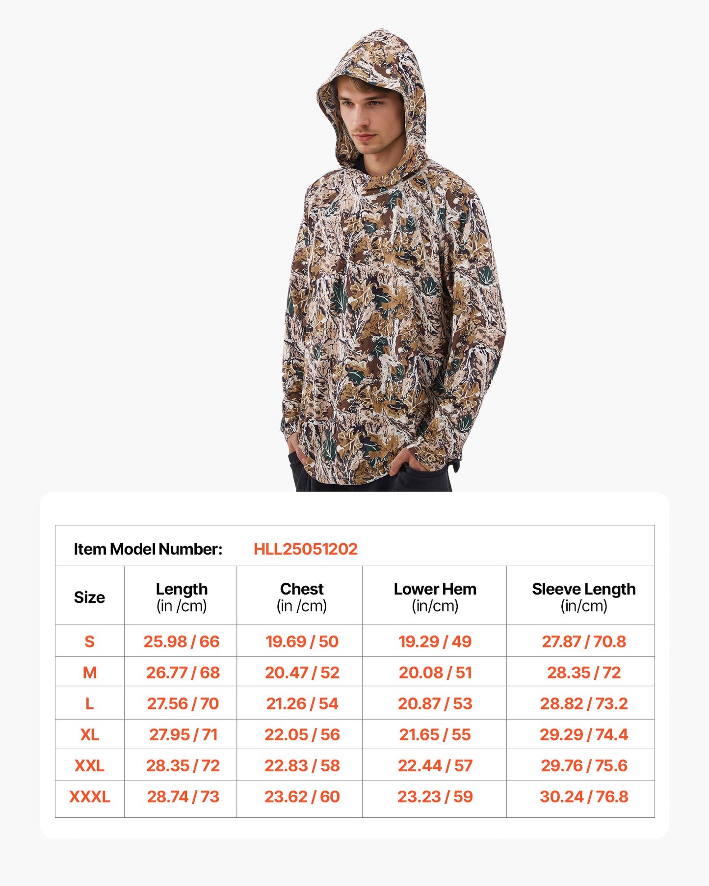Camo-huvtröja, storlek XX-Large, herrtröja med huva, fukttransporterande och andningsbar, snabbtorkande, vandrings- och fisketröja med huva, långärmade jakttröjor för vår- och sommararbete utomhus