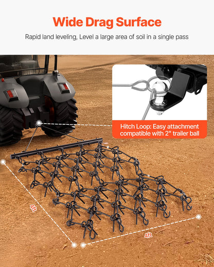 Dragharv, 4 x 4 fot hållbar kedjeharv med 69 vassa tänder, lämplig för ATV UTV-traktorer, idealisk för jordbearbetning, sådd, jämning av landskap och underhåll av grusuppfarter på gårdsplanen.