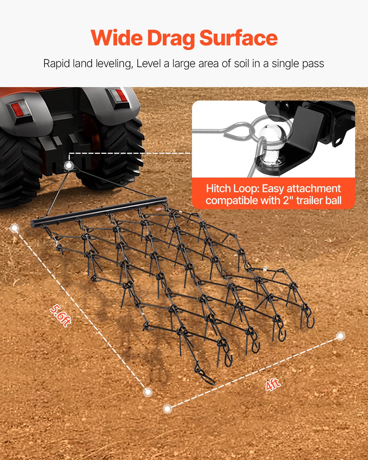 Dragharv, 1,2 m x 1,7 m hållbar kedjeharv med 80 vassa tänder, lämplig för ATV, UTV, traktor, idealisk för jordbearbetning, sådd, jämning av landskap och underhåll av grusuppfarter på gårdsplanen.