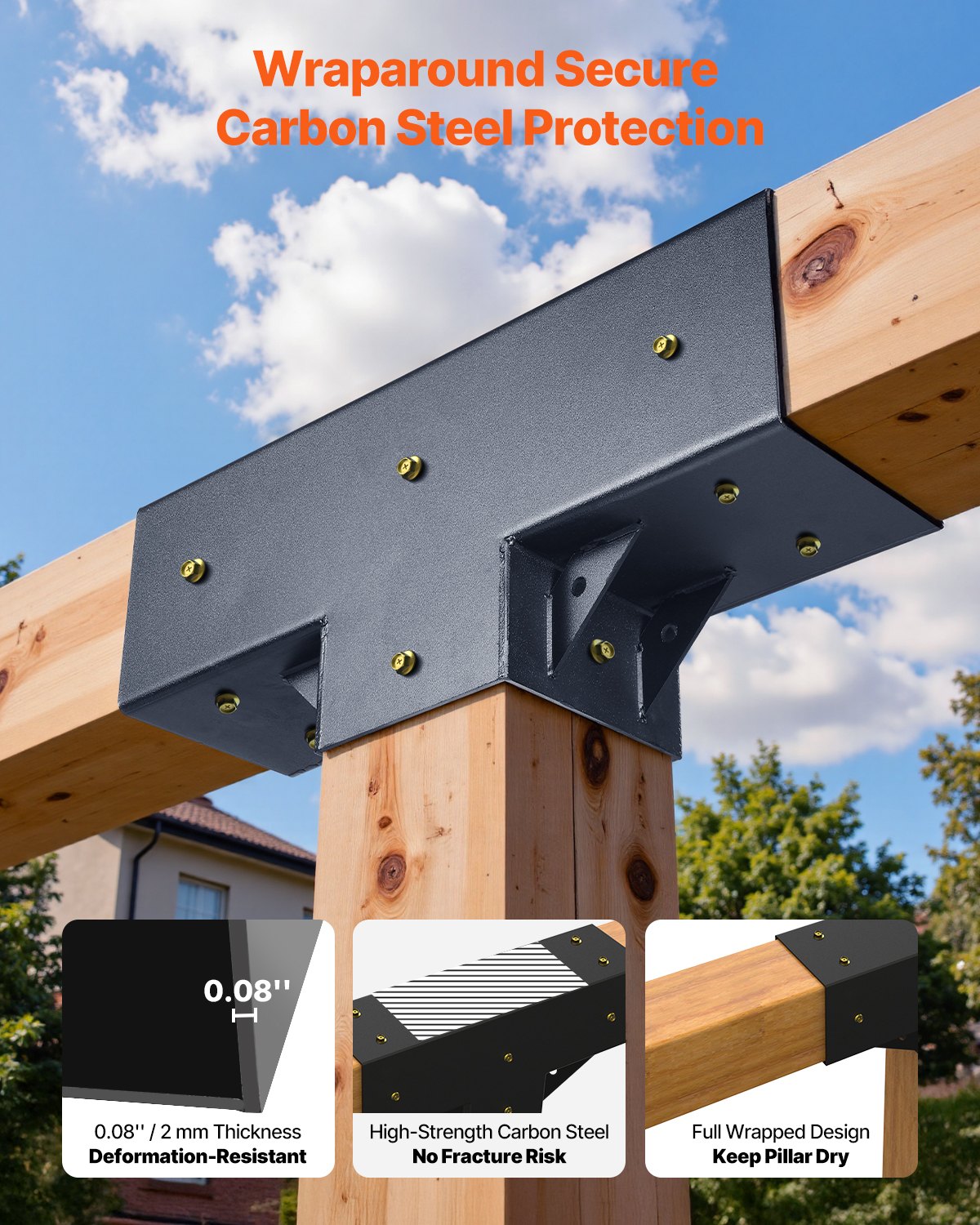 Pergola-kit 4-pack, T-formad 4x4 (faktiska 92 x 92 mm), 3-vägs pergolafästen DIY träbearbetning paviljongfäste-kit med skruvar för 92 x 92 mm träbalkar i verklig storlek för utomhusfest och bankett