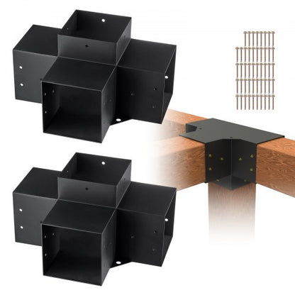 Pergolafästesats 6''x6'' (innermått 5,6x5,6), 2 st. 4-vägs kraftiga hörnfästen för träarbeten, gör-det-själv-stolpssats, enkel installation av träbjälkar för paviljonger, uteplatspergolor, timmerstuga utomhus