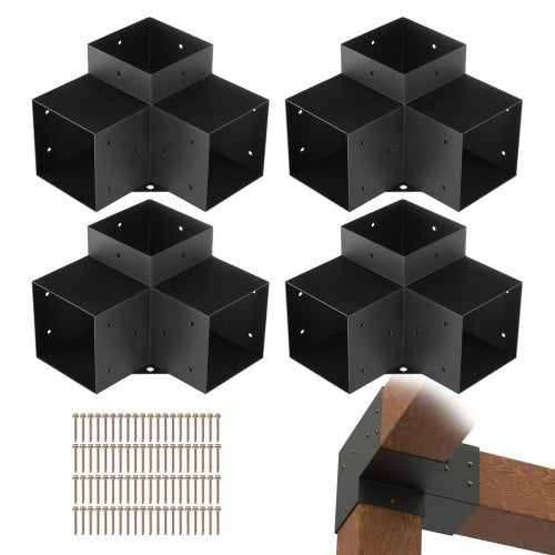 Pergolafästesats 6''x6'' (innermått 5,6x5,6), 4 st. 3-vägs kraftiga hörnfästen för träarbeten, gör-det-själv-stolpssats, enkel installation av träbjälkar för paviljonger, uteplatspergolor, timmerstuga utomhus