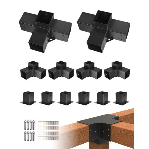 Pergola-kit, 4x4 tums pergolafästen för 92 x 92 mm träbalkar i verklig dimension, 3-vägs (4 st) och 4-vägs (2 st) paviljongfästen med 6 stolpbaser, för utomhuspergolor, paviljonger, skjul