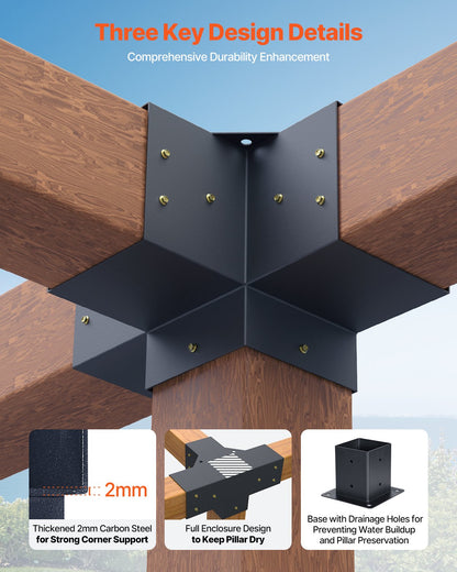 Pergola-kit, 4x4 tums pergolafästen för 92 x 92 mm träbalkar i verklig dimension, 3-vägs (4 st) och 4-vägs (2 st) paviljongfästen med 6 stolpbaser, för utomhuspergolor, paviljonger, skjul
