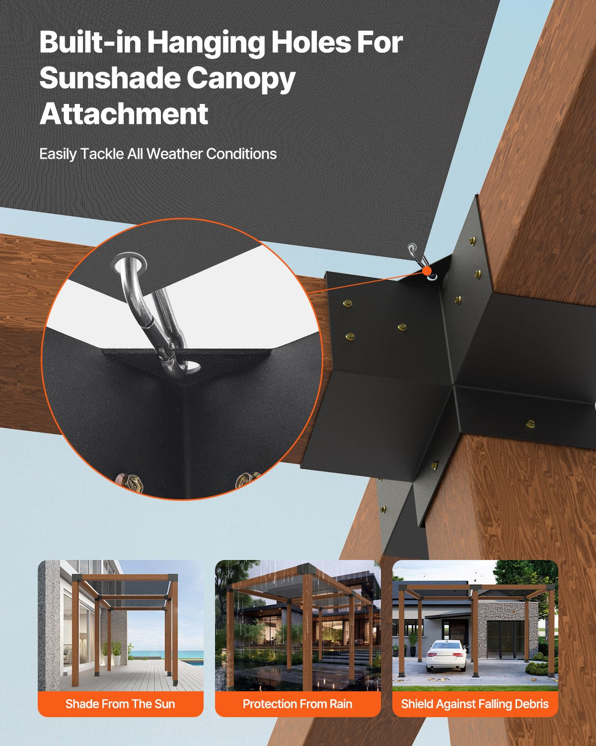 Pergola-kit, 4x4 tums pergolafästen för 92 x 92 mm träbalkar i verklig dimension, 3-vägs (4 st) och 4-vägs (2 st) paviljongfästen med 6 stolpbaser, för utomhuspergolor, paviljonger, skjul