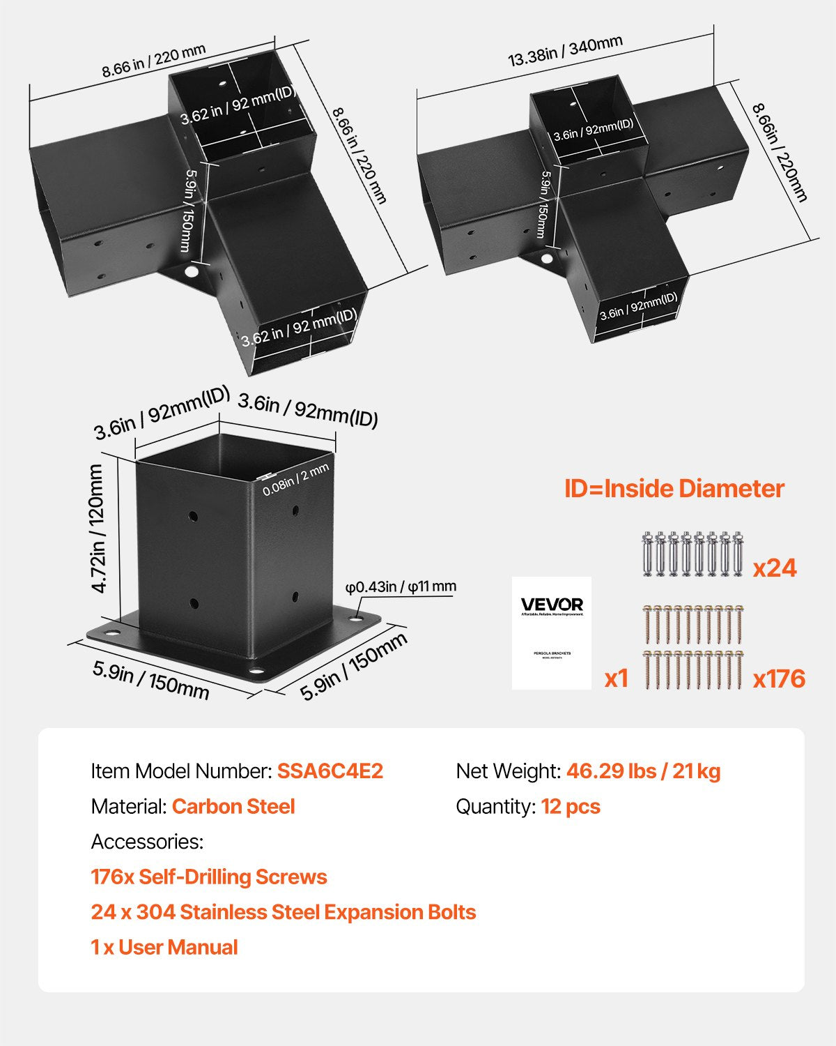 Pergola-kit, 4x4 tums pergolafästen för 92 x 92 mm träbalkar i verklig dimension, 3-vägs (4 st) och 4-vägs (2 st) paviljongfästen med 6 stolpbaser, för utomhuspergolor, paviljonger, skjul