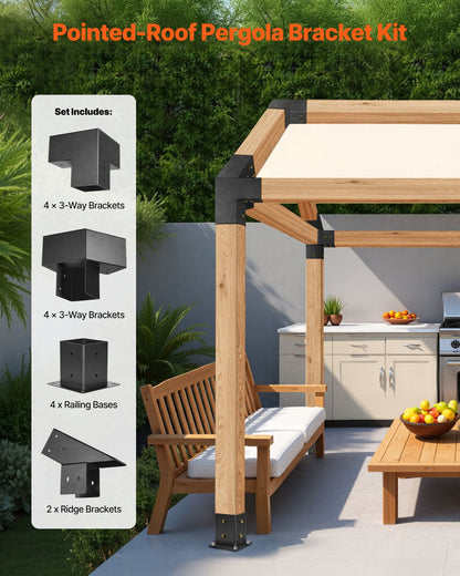 Pergola-kit, 4x4 tums pergolafästen med spetsigt tak för 92 x 92 mm virke i verklig storlek, 3-vägs/4-vägs lusthusfäste med stolpbaser och nockfästen för utomhuspergolor, lusthus, 14 st
