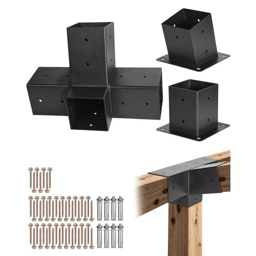 Pergola-kit, 4x4 tums 4-vägs snedställ för 92 x 92 mm träbalkar i verklig storlek, pergolafäste i kolstål med stolpbas och väggmonterad bas, för utomhuspergolor, paviljonger, skjul