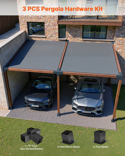 Pergola-kit, 4x4 tums 4-vägs snedställ för 92 x 92 mm träbalkar i verklig storlek, pergolafäste i kolstål med stolpbas och väggmonterad bas, för utomhuspergolor, paviljonger, skjul